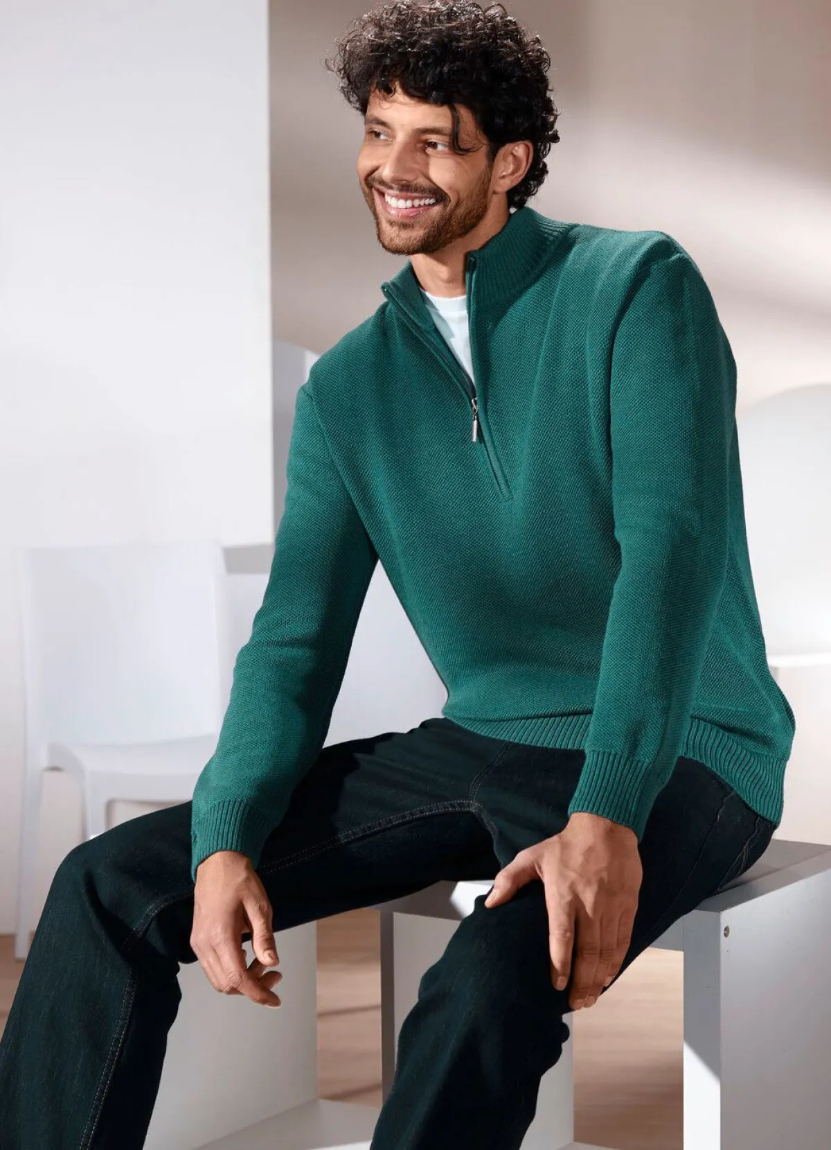 Best BADER Unifarbener Stehkragenpullover in 3 Farben PETROL