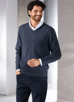 Best BADER Unifarbener V-Pullover in 4 Farben DUNKELBLAU MELIERT