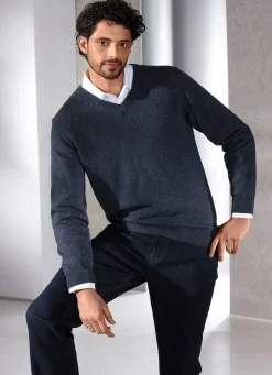 Best BADER Unifarbener V-Pullover in 4 Farben DUNKELBLAU MELIERT
