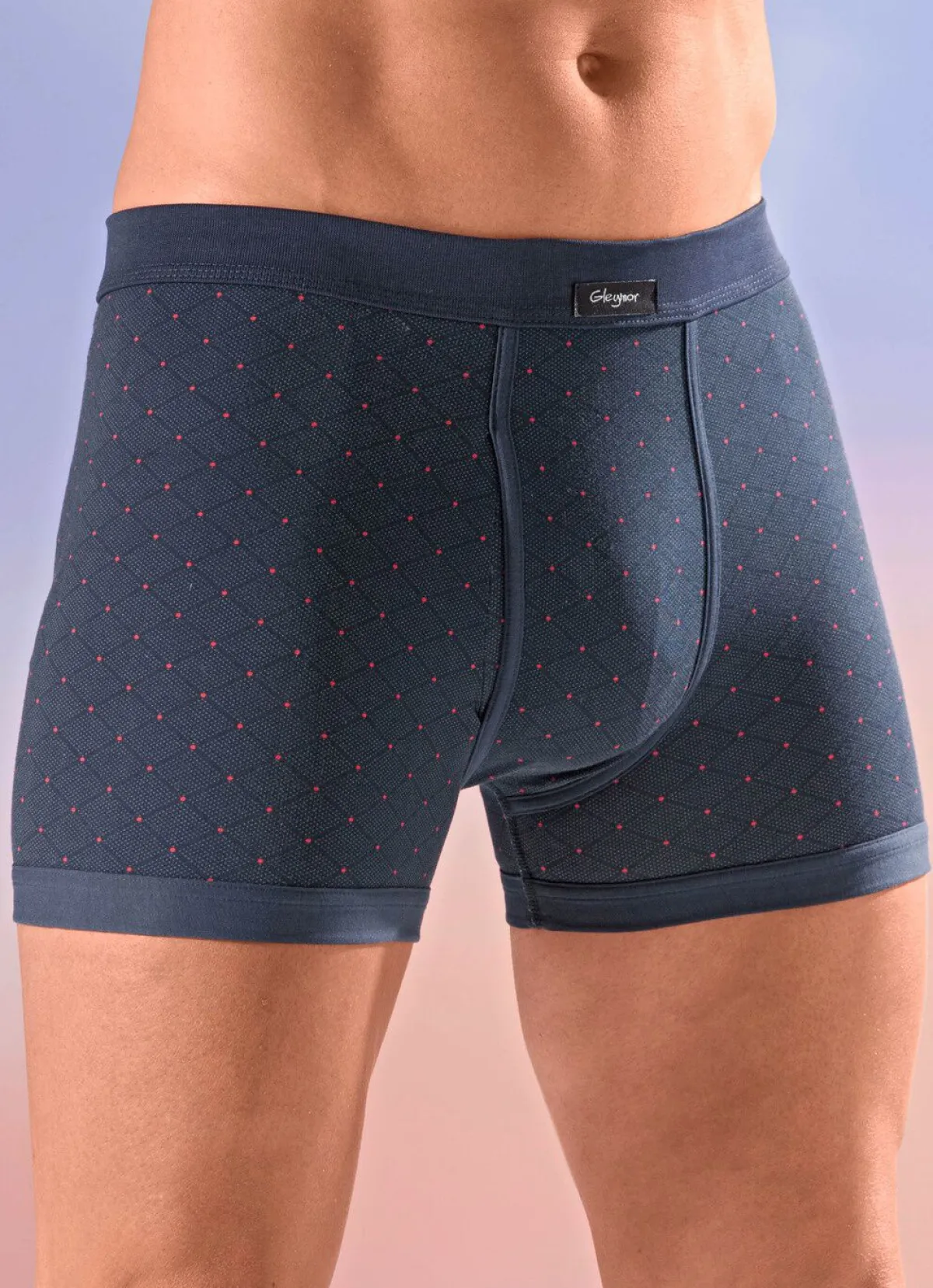 Hot GLEYMOR Viererpack Unterhosen mit Alloverdessin 2X NAVY-ROT, 2X SCHWARZ-ROT