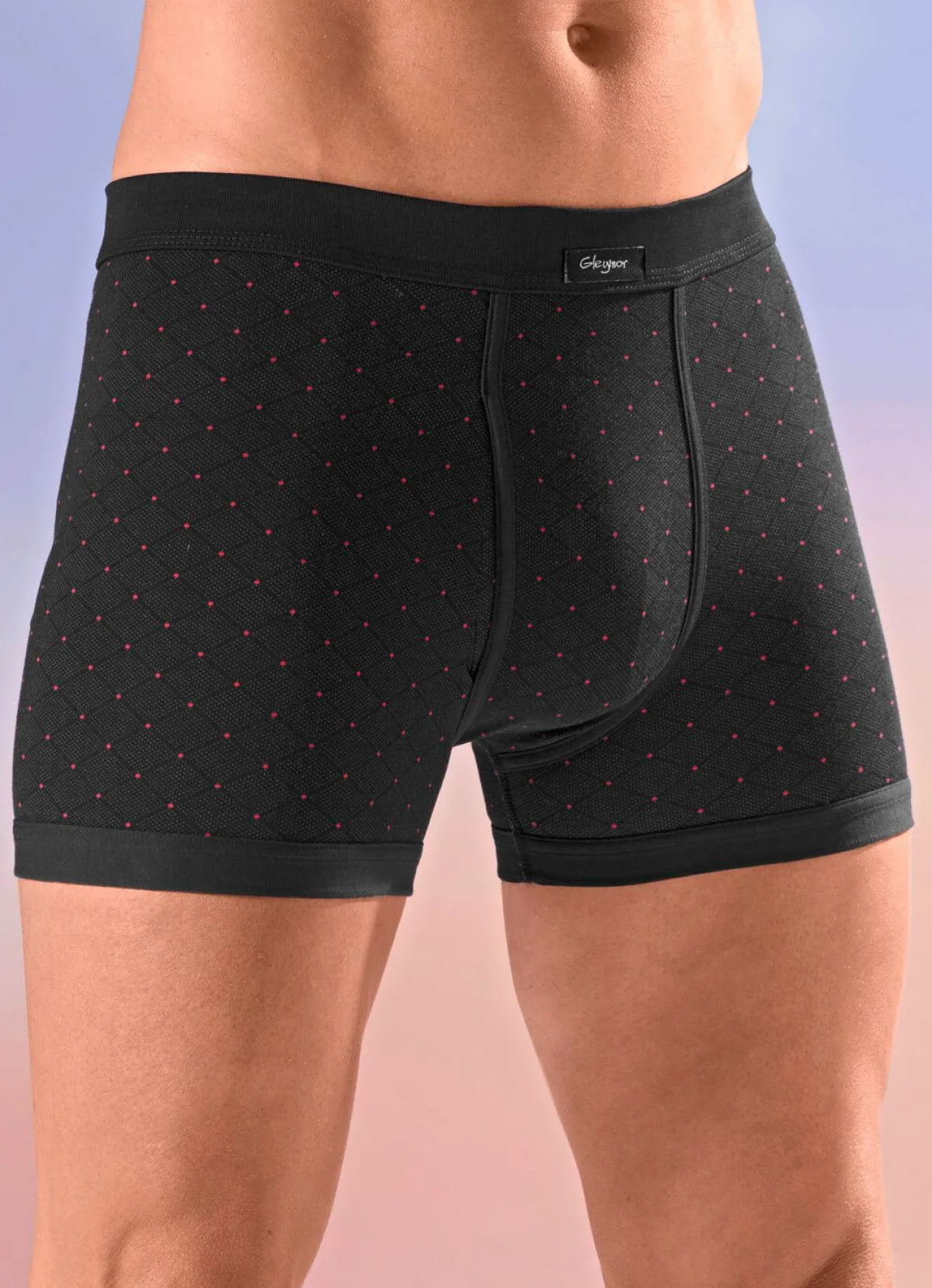 Hot GLEYMOR Viererpack Unterhosen mit Alloverdessin 2X NAVY-ROT, 2X SCHWARZ-ROT