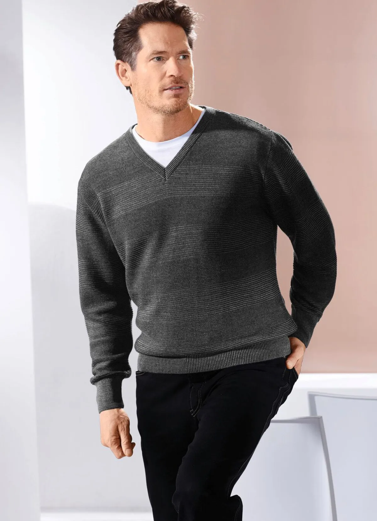 Sale BADER V-Pullover mit Strukturdessin in 3 Farben DUNKELGRAU