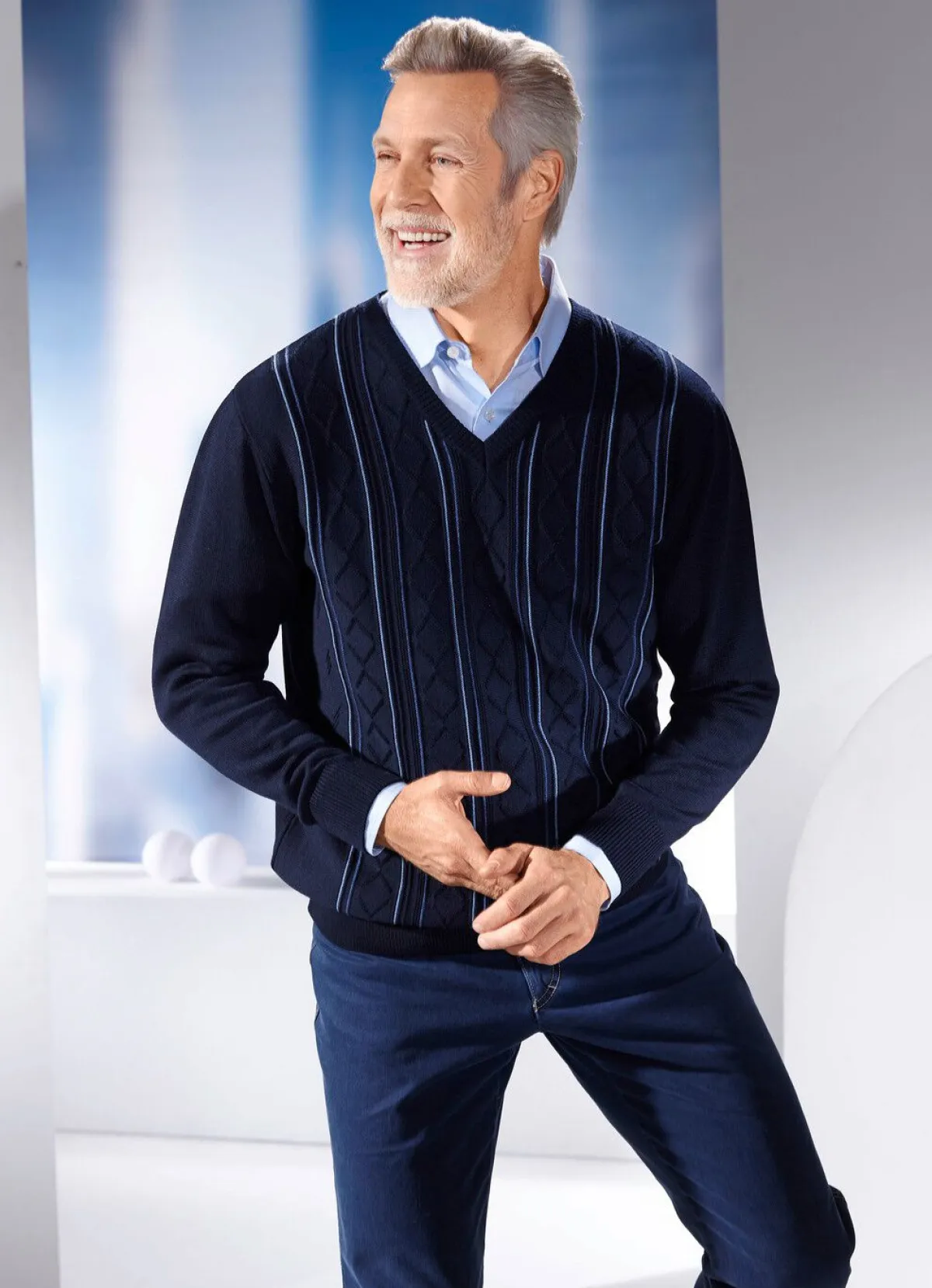 Outlet BADER V-Pullover mit Strukturdessin in 3 Farben MARINE