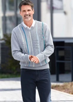 Outlet BADER V-Pullover mit Strukturdessin HELLGRAU MELIERT