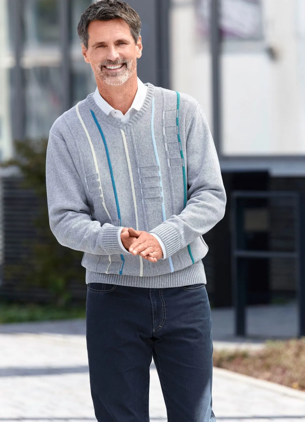 Outlet BADER V-Pullover mit Strukturdessin HELLGRAU MELIERT