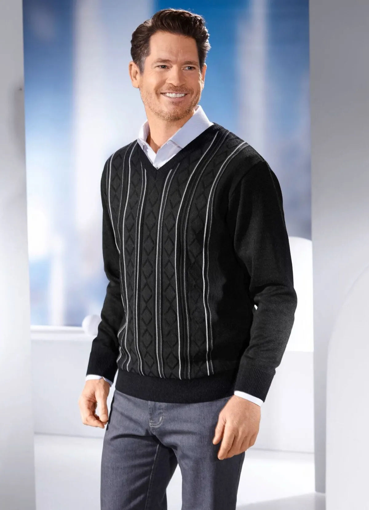 Online BADER V-Pullover mit Strukturdessin in 3 Farben ANTHRAZIT MELIERT