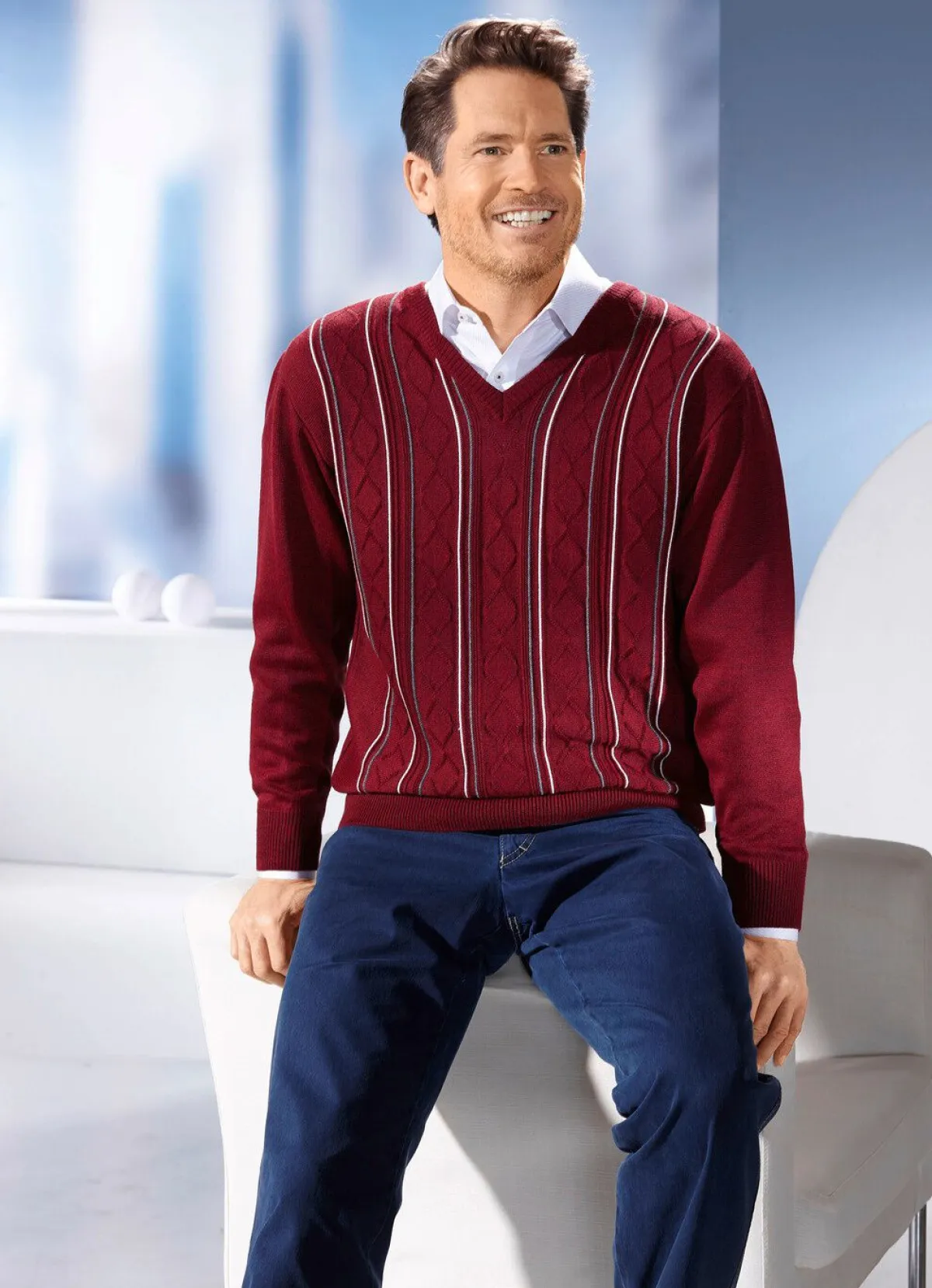 New BADER V-Pullover mit Strukturdessin in 3 Farben BORDEAUX MELIERT