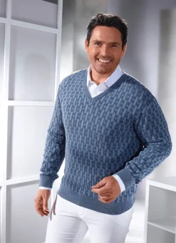 Hot BADER V-Pullover mit Strukturmuster in 3 Farben JEANSBLAU MELIERT