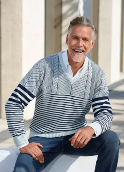 Sale BADER V-Pullover mit Streifen- und Strukturdessin MARINE-GRAU