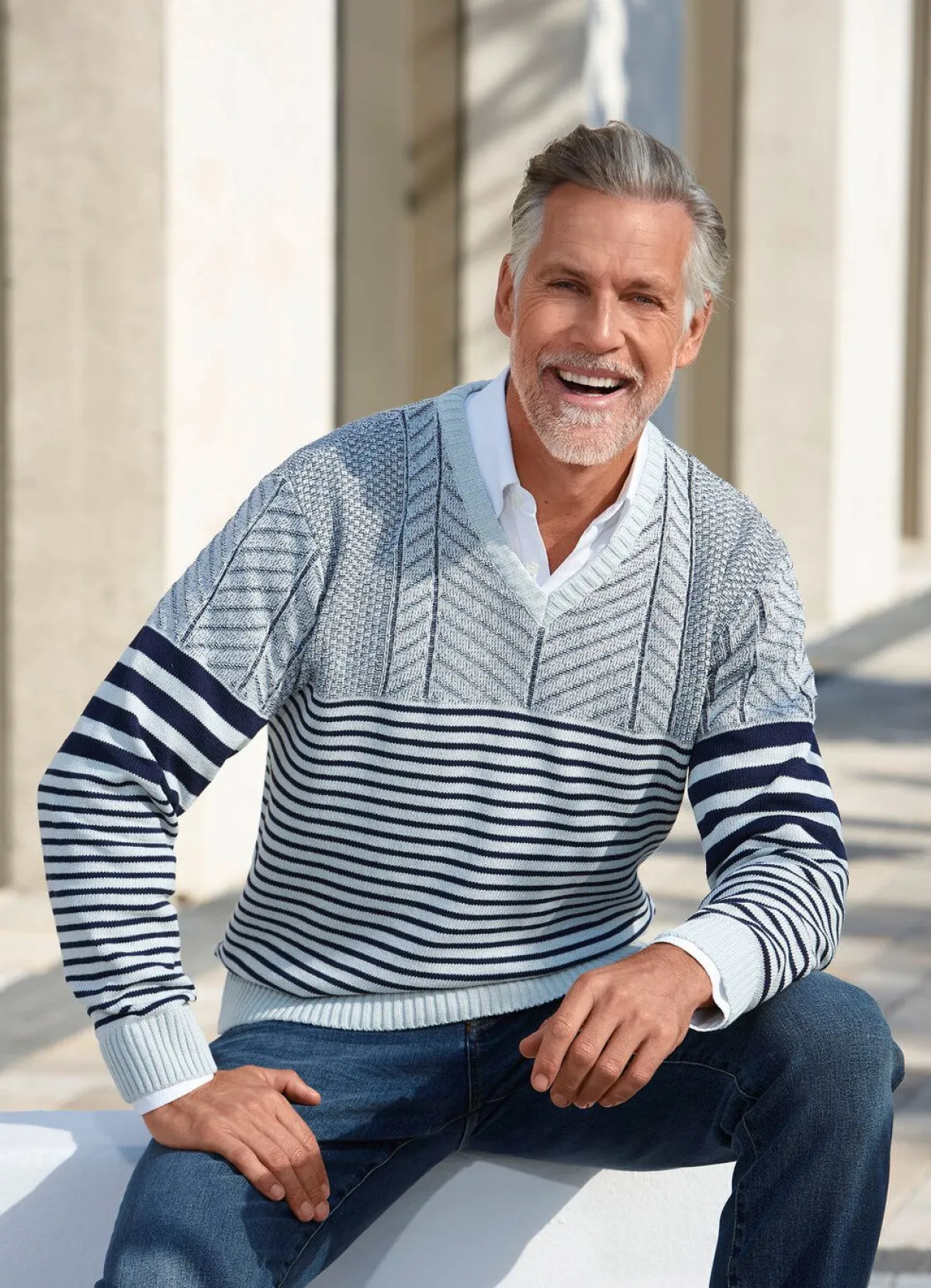 Sale BADER V-Pullover mit Streifen- und Strukturdessin MARINE-GRAU