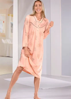 Online BADER Wadenlanges Nachthemd mit Knopfleiste und langen Ärmeln APRICOT-TAUPE-ORANGE-BUNT