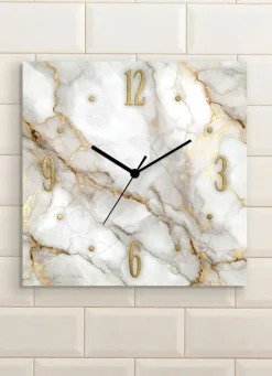 New BADER Wanduhr in Marmor-Optik WEISS-GOLD