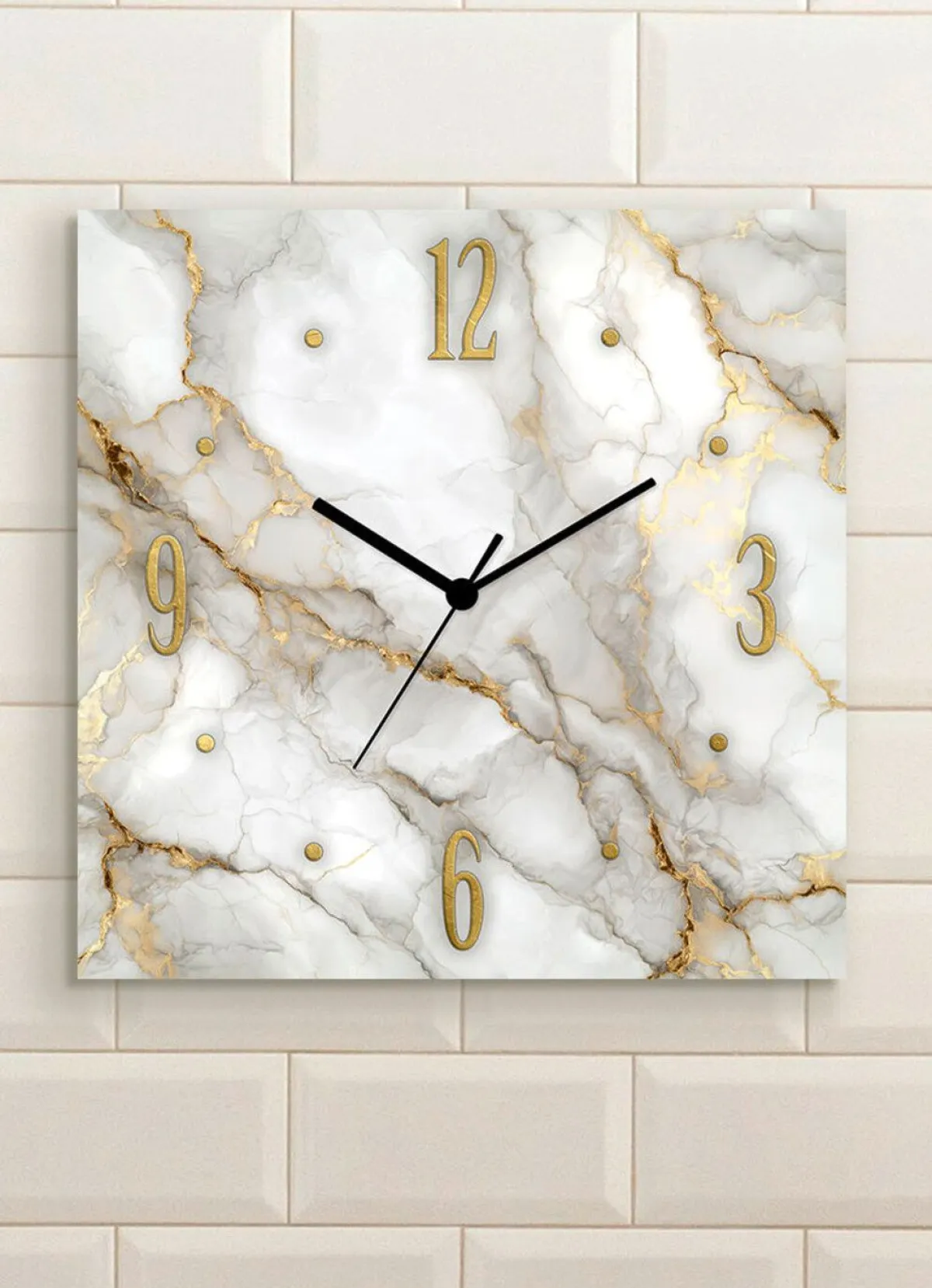 New BADER Wanduhr in Marmor-Optik WEISS-GOLD