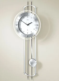 Hot BADER Wanduhr mit Funkuhrwerk und Metallpendel SILBER