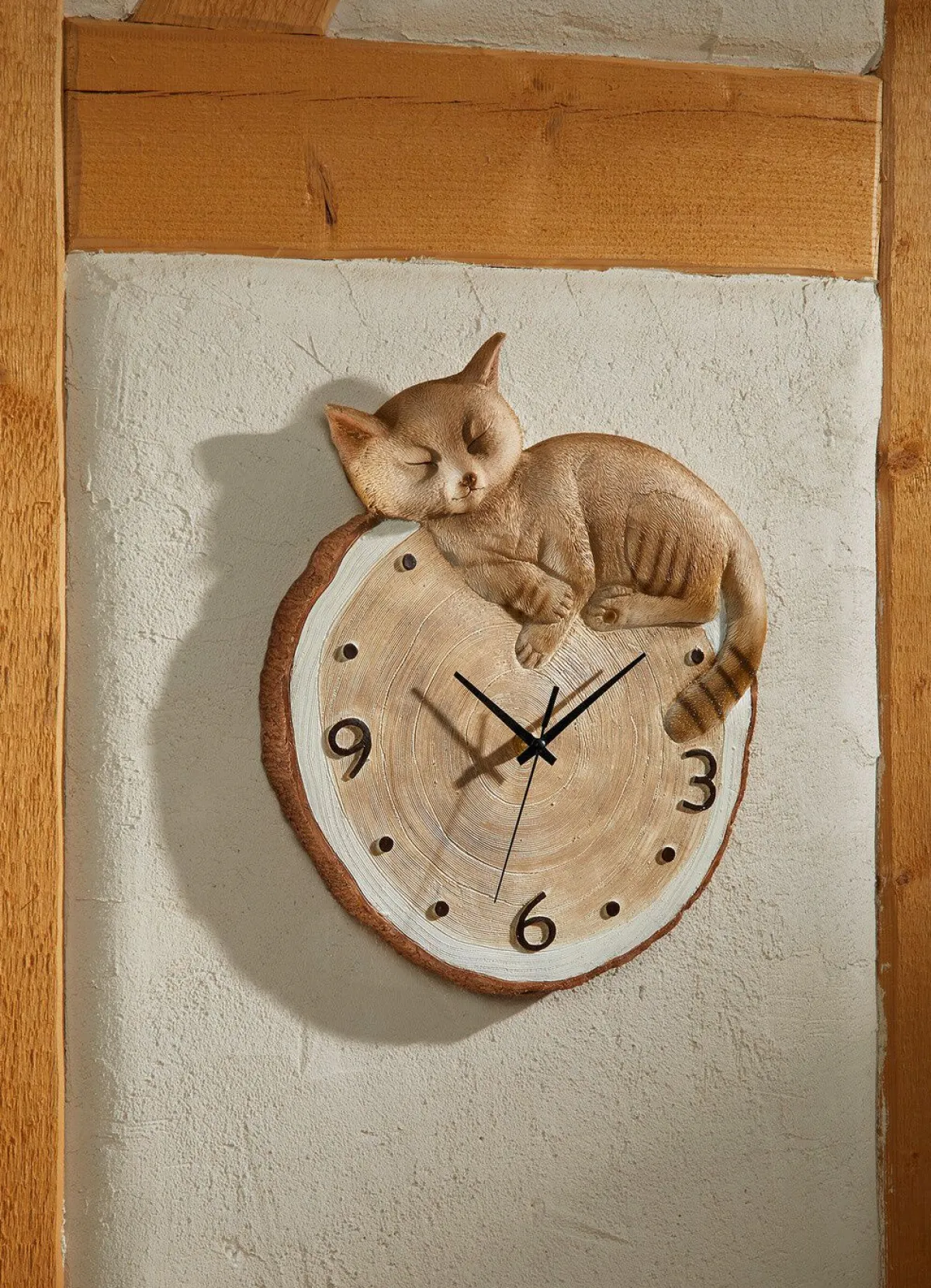 Discount BADER Wanduhr mit Katze in Baumscheibenoptik BRAUN-NATUR