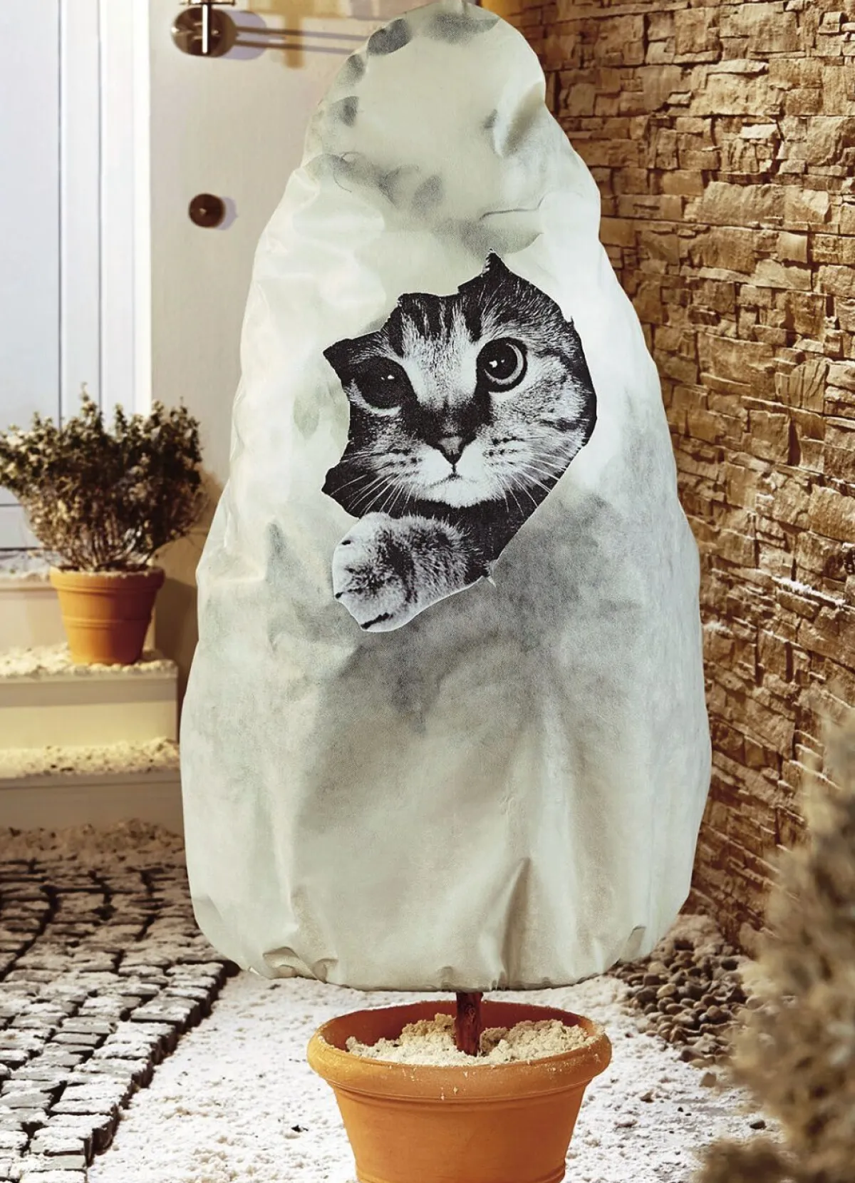 BADER Winterschutz Vlieshaube mit Katzen-Motiv BEIGE