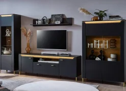 Hot BADER Wohnwand mit LED-Beleuchtung und Softclose SCHWARZ-GOLD