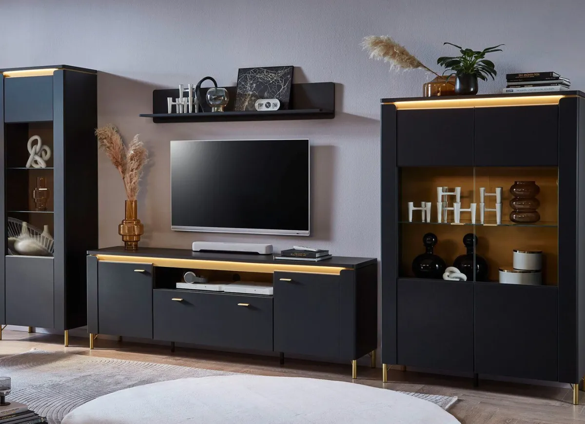 Hot BADER Wohnwand mit LED-Beleuchtung und Softclose SCHWARZ-GOLD