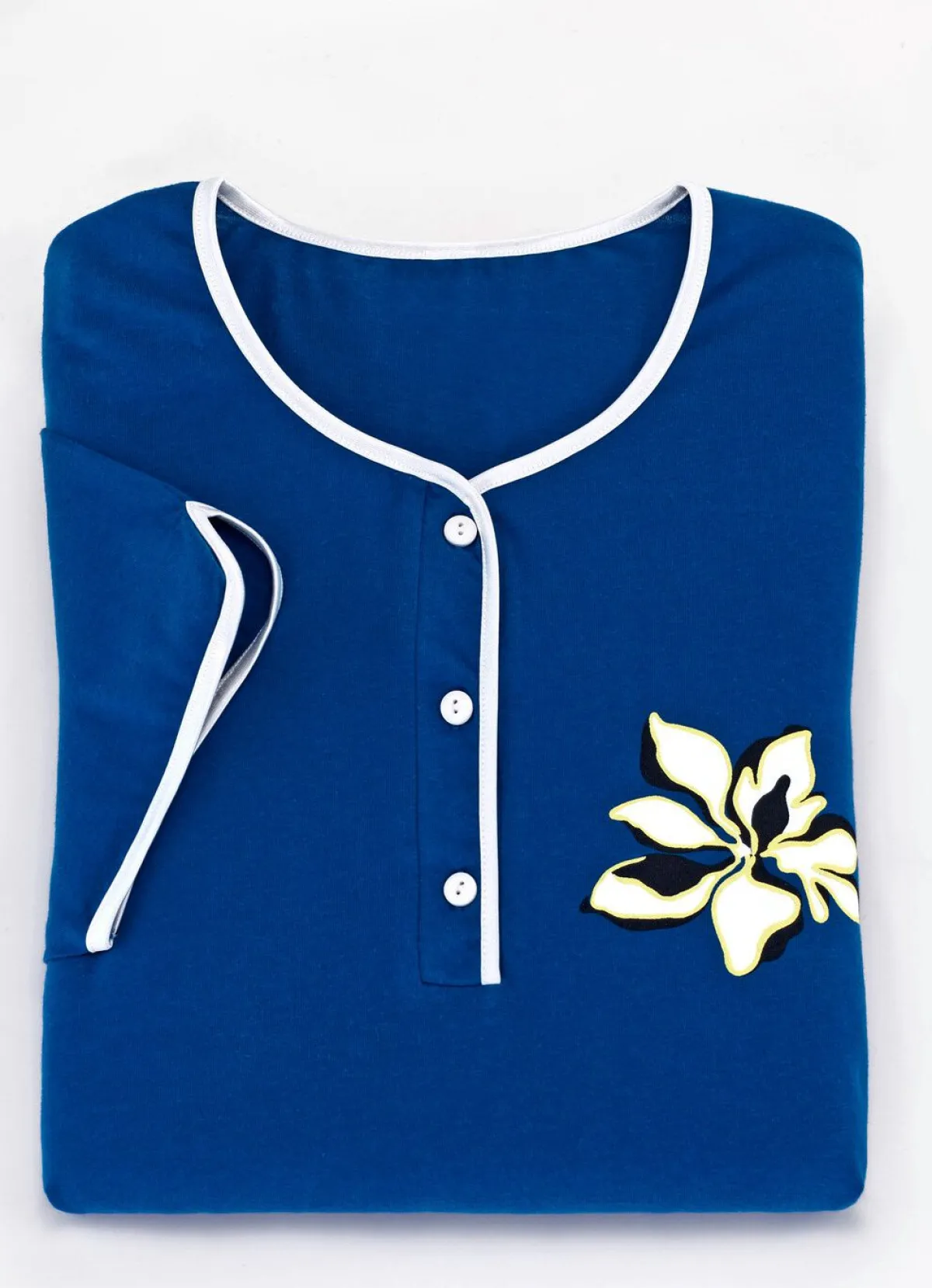 Outlet BADER Zweierpack Nachthemden, wadenlang und mit Knopfleiste 1X ROYALBLAU, 1X WEISS-ROYAL-BUNT