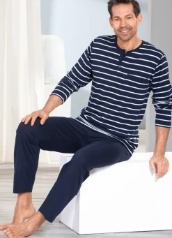 Online BADER Zweierpack Schlafanzüge mit Knopfleiste und offenen Abschlüssen 1X MARINE-WEISS-BLEU, 1X OLIV-WEISS-ORANGE