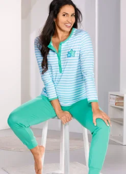 BADER Zweierpack Schlafanzüge mit Knopfleiste und platziertem Druck 1X AQUA-MINT, 1X AQUA-PETROL