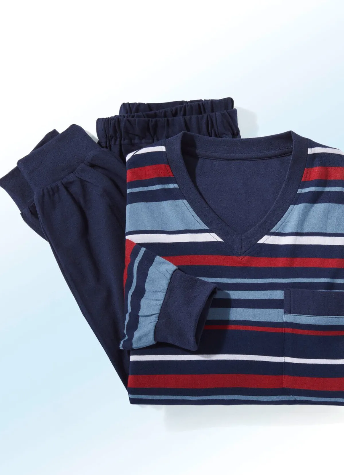 Discount BADER Zweierpack Schlafanzüge mit V-Ausschnitt und Bündchenabschlüssen 1X GRUEN-BLAU, 1X ROT-NAVY