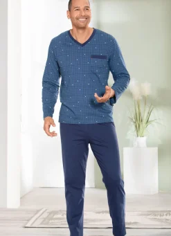 Best BADER Zweierpack Schlafanzüge mit V-Ausschnitt und offenen Abschlüssen 1X OLIV-GRAFIT, 1X JEANSBLAU-MARINE