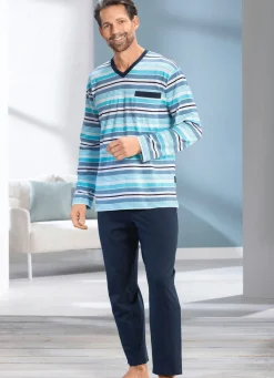 Discount BADER Zweierpack Schlafanzüge mit V-Ausschnitt und offenen Abschlüssen 1X BLAU-BORDEAUX-MARINE, 1X RAUCHBLAU-TÜRKIS-NAVY