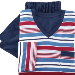 Discount BADER Zweierpack Schlafanzüge mit V-Ausschnitt und offenen Abschlüssen 1X BLAU-BORDEAUX-MARINE, 1X RAUCHBLAU-TÜRKIS-NAVY