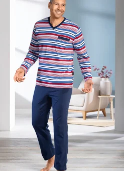 Discount BADER Zweierpack Schlafanzüge mit V-Ausschnitt und offenen Abschlüssen 1X BLAU-BORDEAUX-MARINE, 1X RAUCHBLAU-TÜRKIS-NAVY