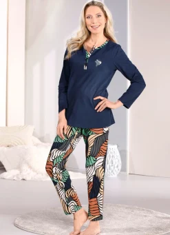Discount LAURINA Zweierpack Schlafanzüge von mit Knopfleiste 1X JADE-BUNT, 1X MARINE-BUNT