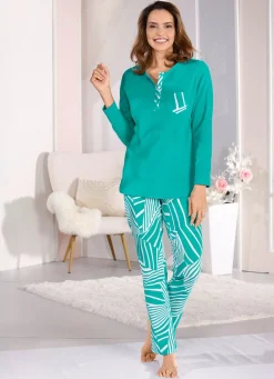 New LAURINA Zweierpack Schlafanzüge von mit Knopfleiste 1X AUBERGINE-WEISS, 1X LAGUNE-WEISS