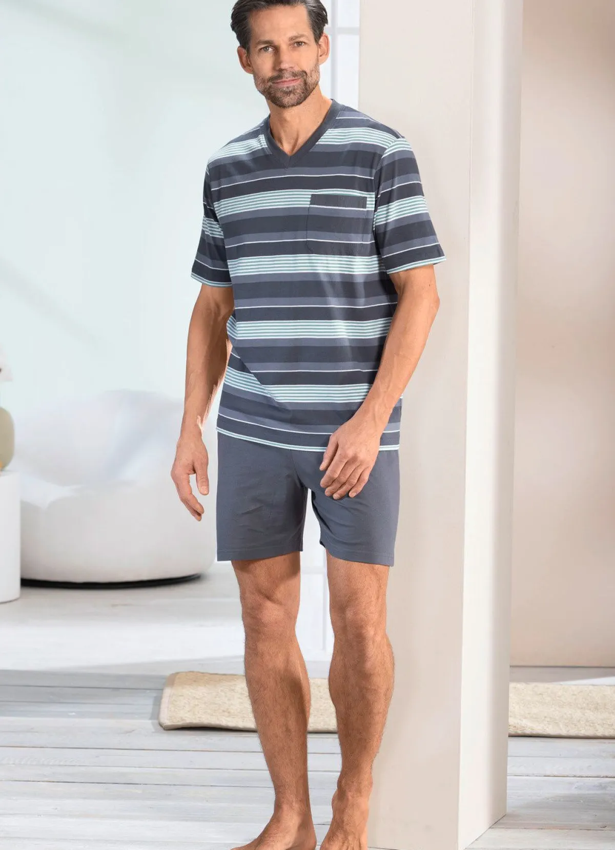 Sale BADER Zweierpack Shortys mit V-Ausschnitt 1X GRAFIT-GRÜN-BUNT, 1X MARINE-COGNAC-BUNT